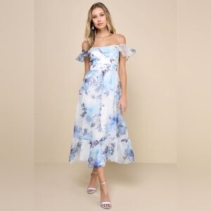 NWOT Lulu's White Floral Organza Off-the-Shoulder Midi Dress Size XL=14/16
